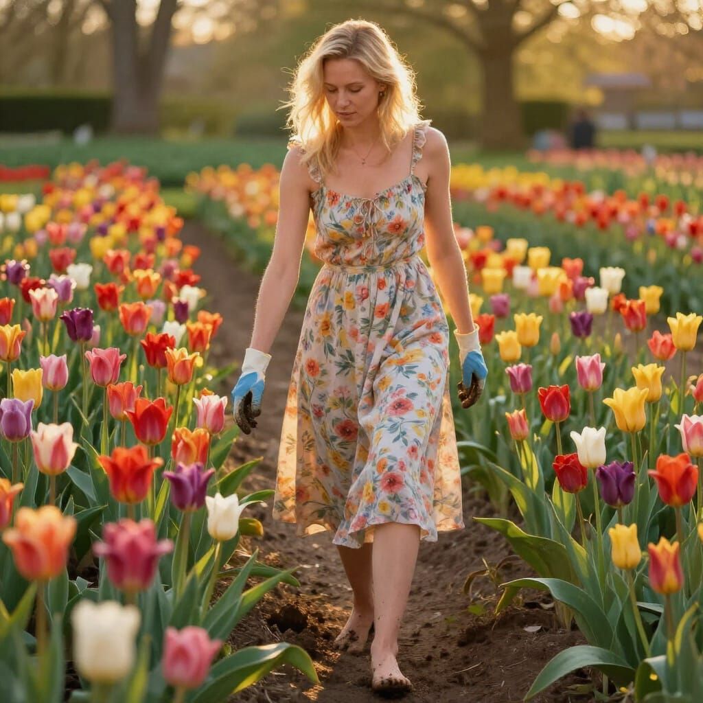 Dutch Woman's Feet in Tulip Garden, Golden Hour Light