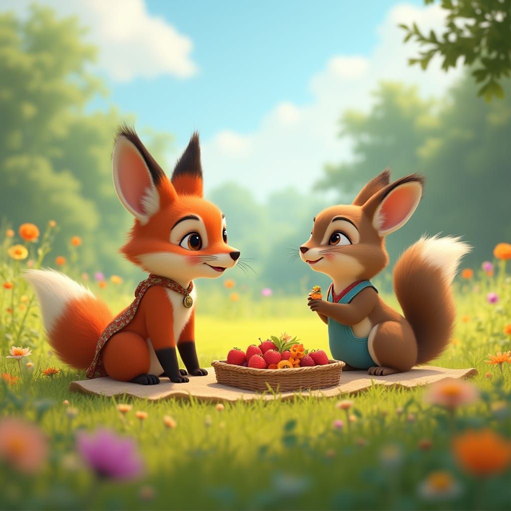 Animal Friends Picnic in Sunny Meadow, 3D Animation