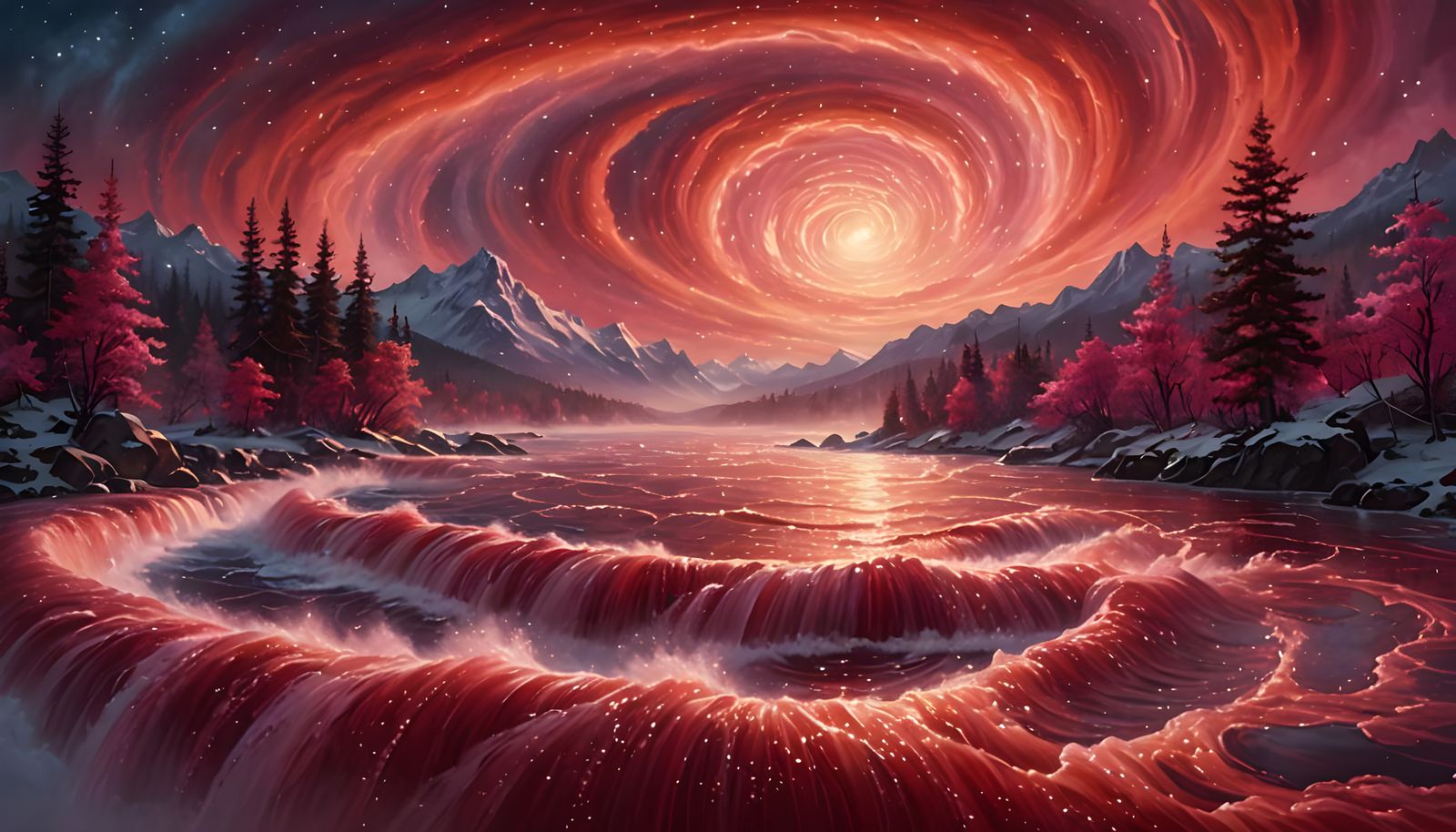 Chaotic Red Sea Under Glittering Pink Auroras