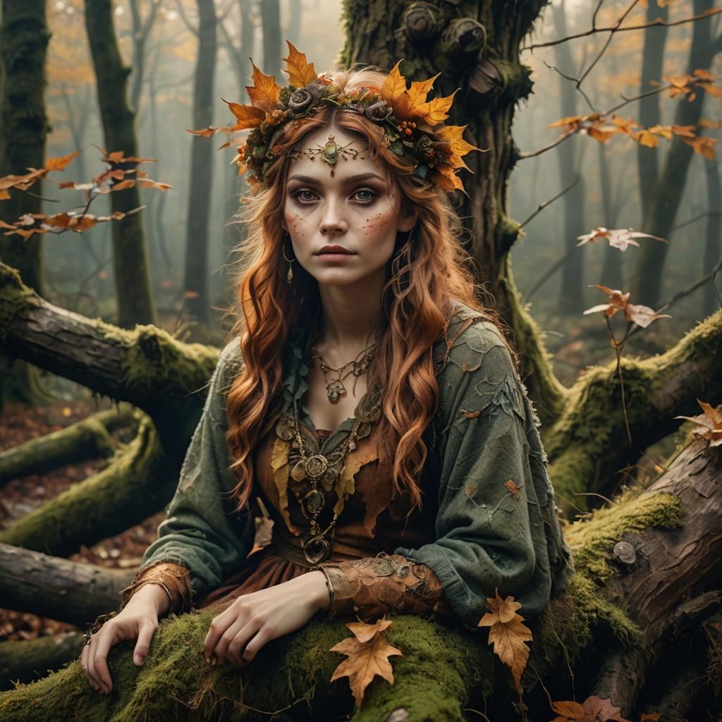 Autumn Fae Portrait in Misty Forest
