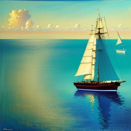 Sailing Ship Glides Across Horizon in Impressionist Masterpi...