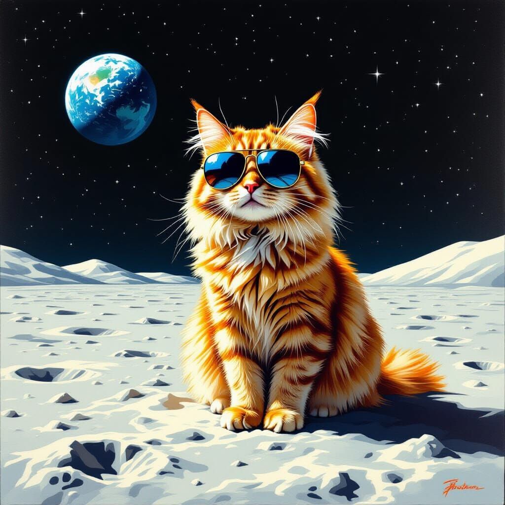Ginger Cat in Sunglasses on the Moon