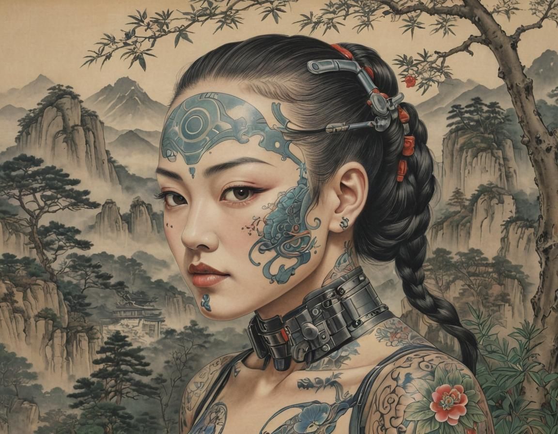 Cyberpunk girl in Ogata korin