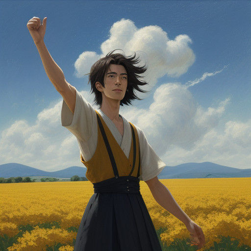 Excited Figure in Sunny Landscape as Van Gogh Painting