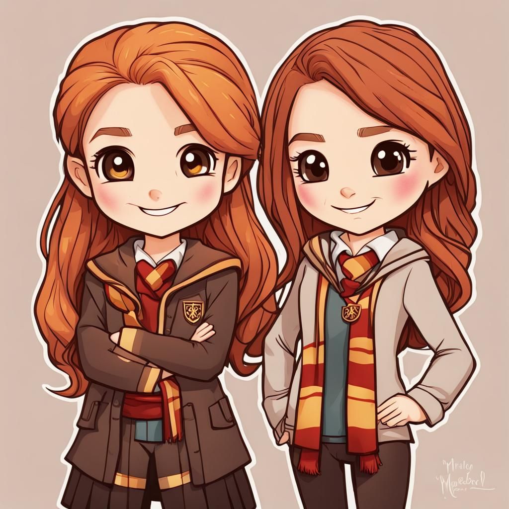 Chibi Ginny Weasley and Hermione Granger Smiling