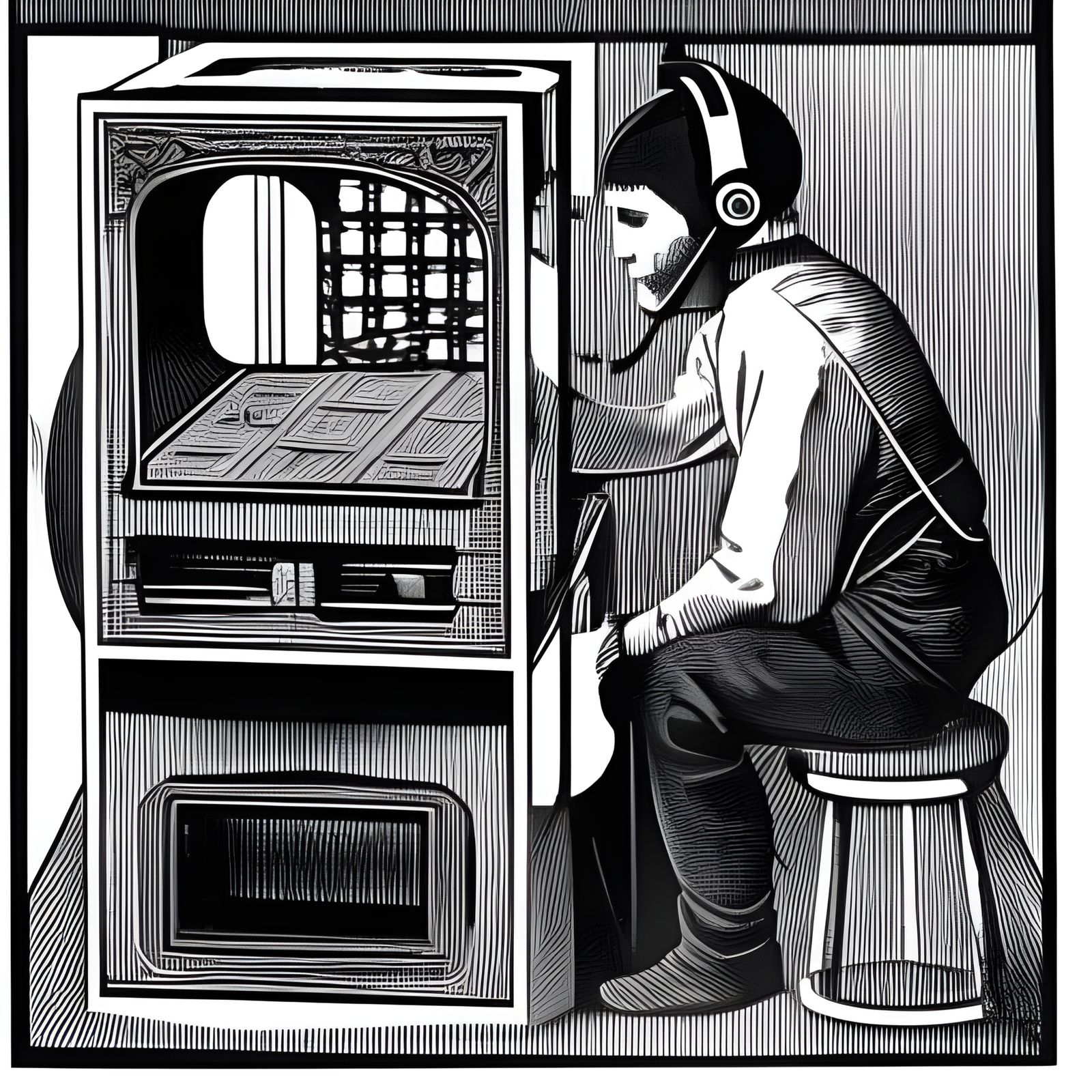 Checkered Workers Building Skateboard in Arcade Machine