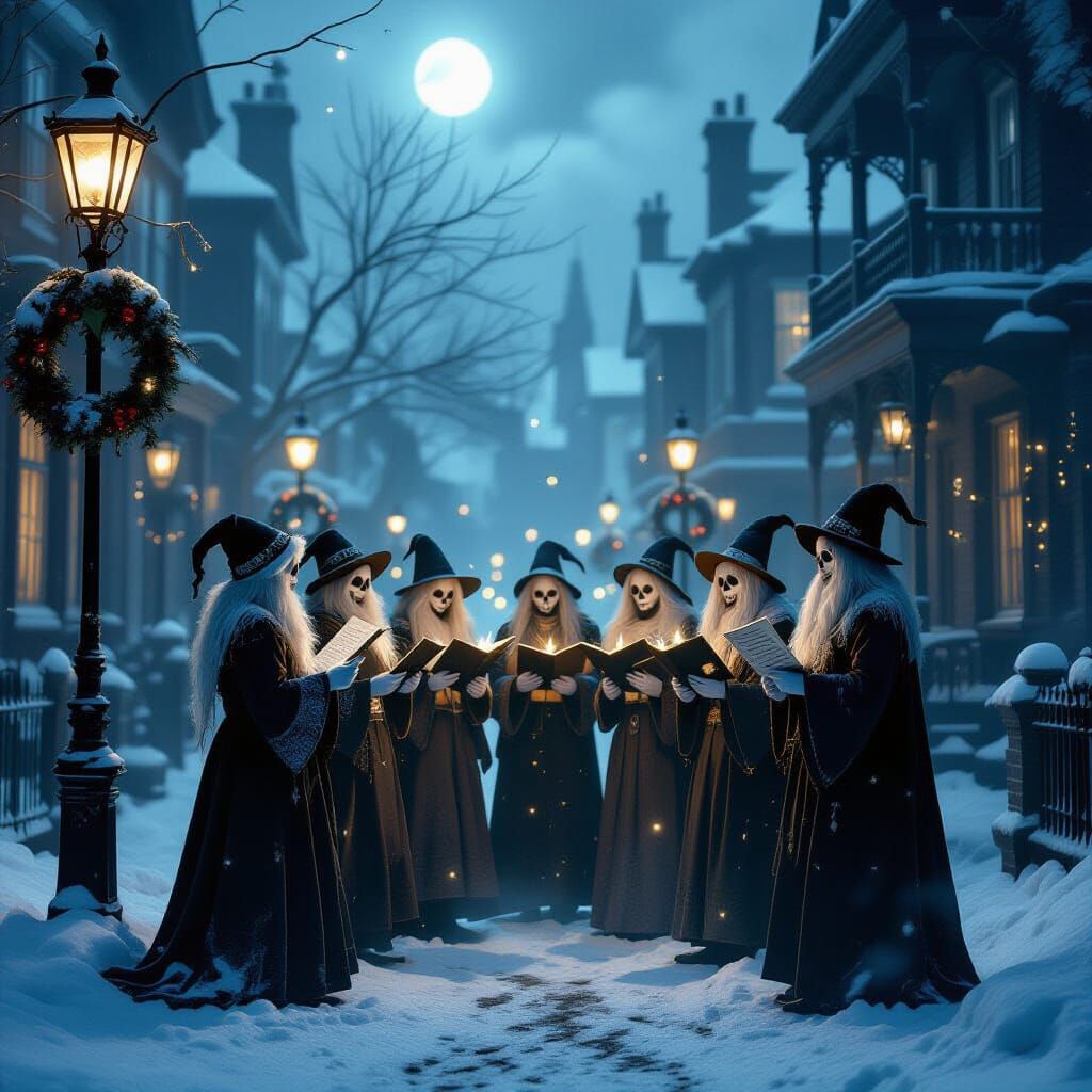 Eerie Skeletal Carolers on Foggy Victorian Street