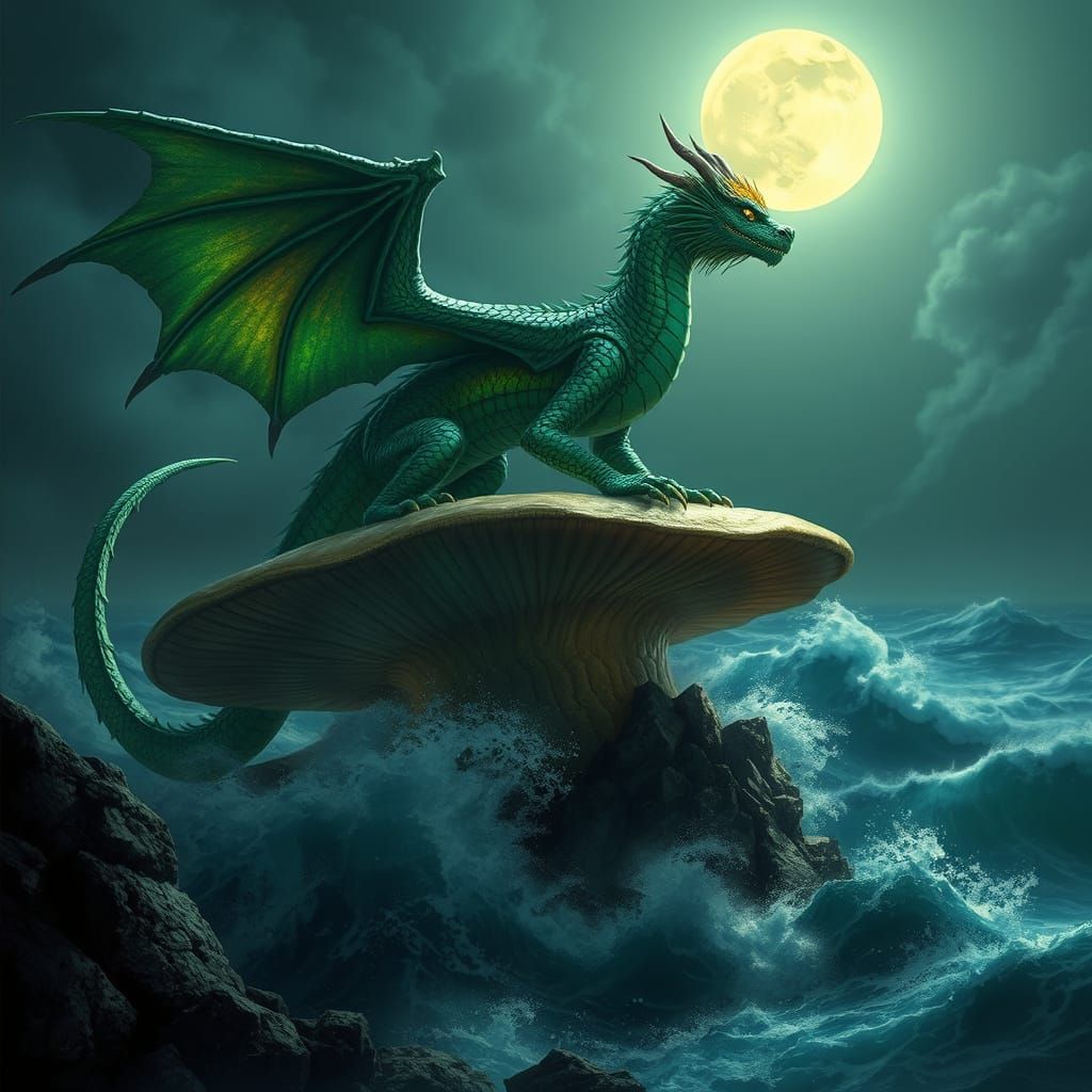 Majestic Green Dragon in Ethereal Moonlit Landscape