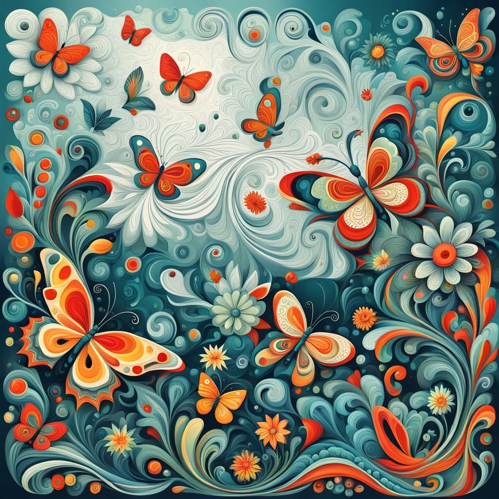 Picasso Style Garden with Flowers and Butterflies