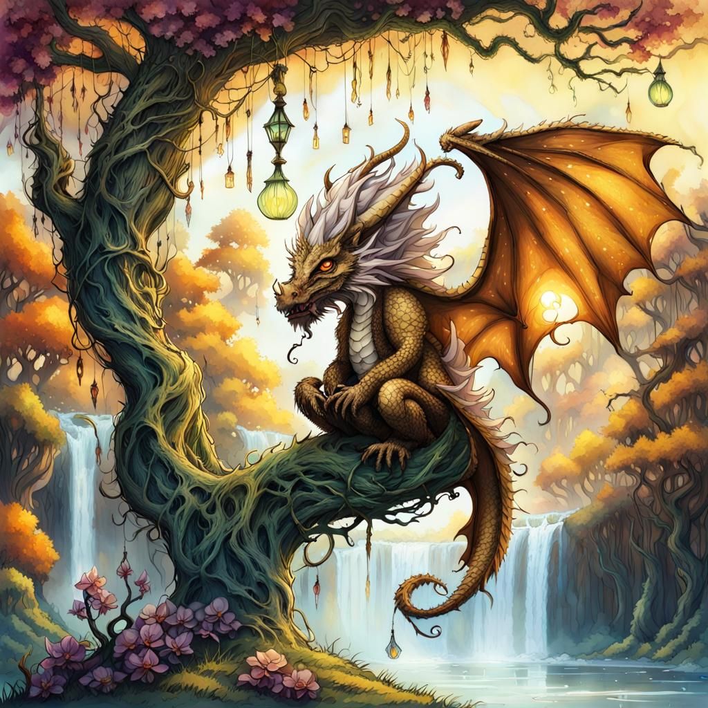 Dragon with Gnome Home in Whimsical Watercolour Style