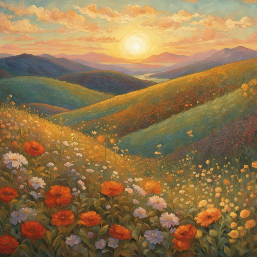 Art Nouveau Landscape: Rolling Hills at Golden Hour