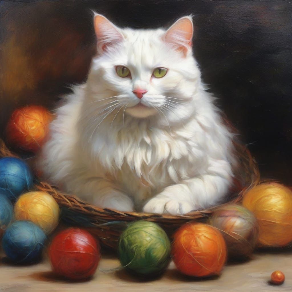 Cat Playing with Yarn, Oil Painting by JMW Turner Style