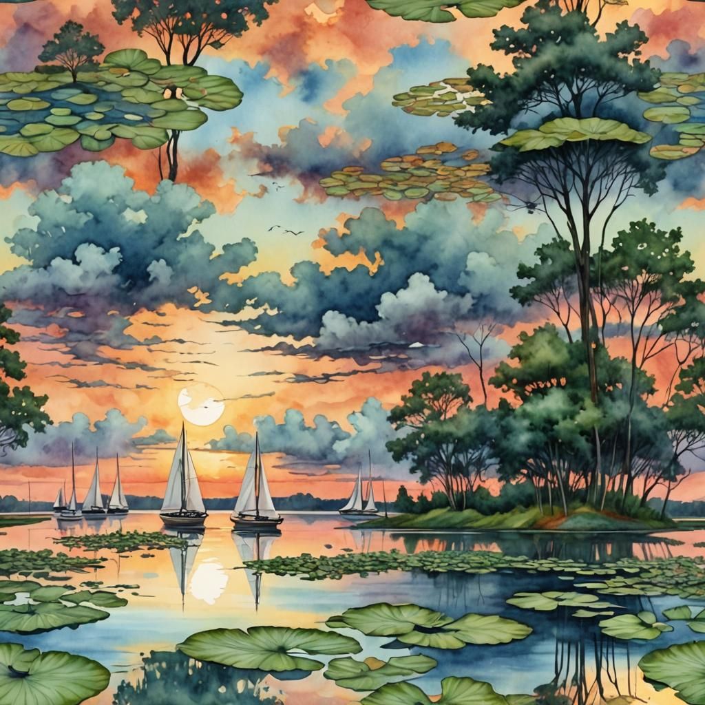 Watercolor Sunset Scene with Sailing Boats