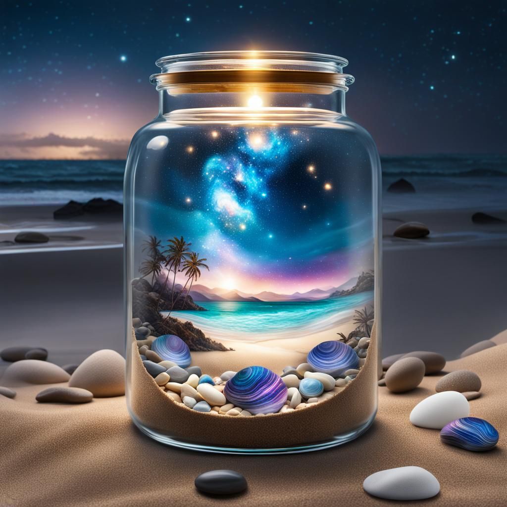A mesmerizing cosmic galaxy swirling within a delicate glass jar