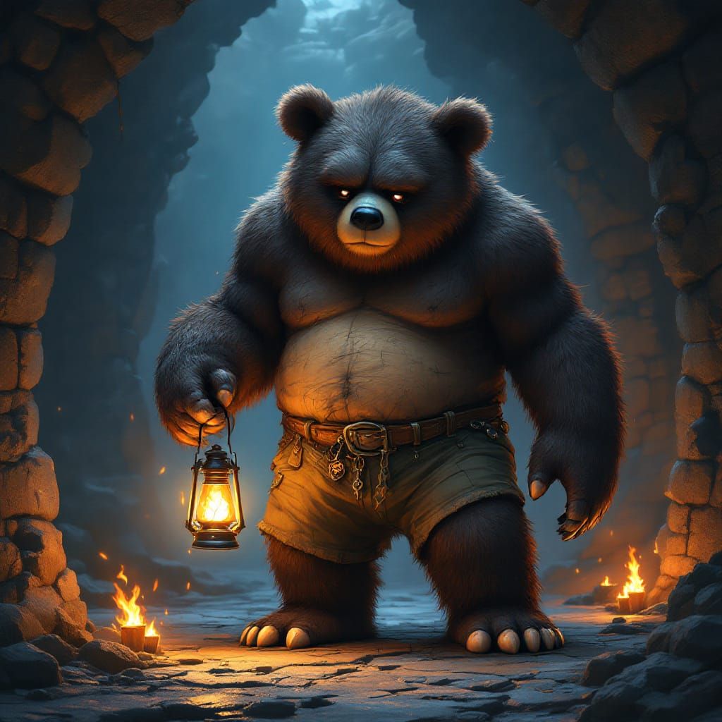 Giant Sad Bear with Lantern in Dungeon
