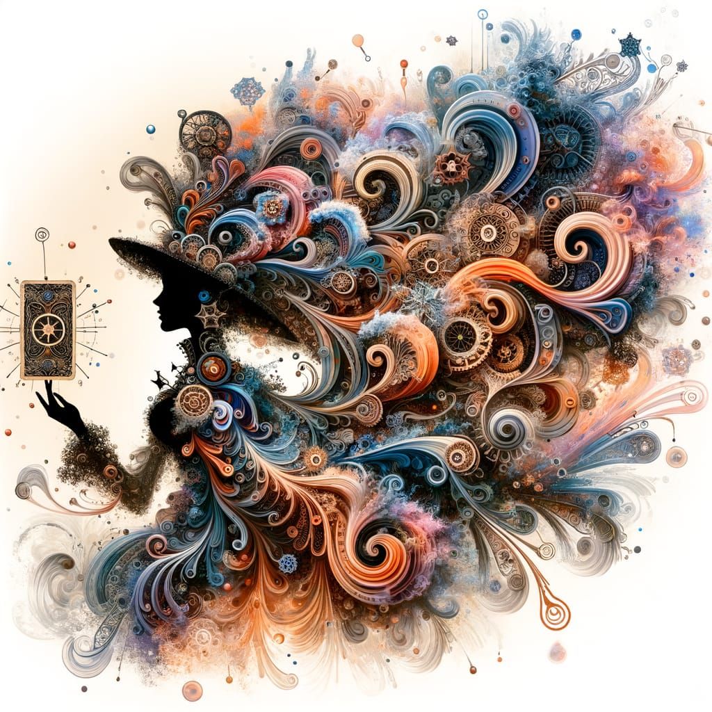 Steampunk Wizard Silhouette Filled With Magical Tarot Cards