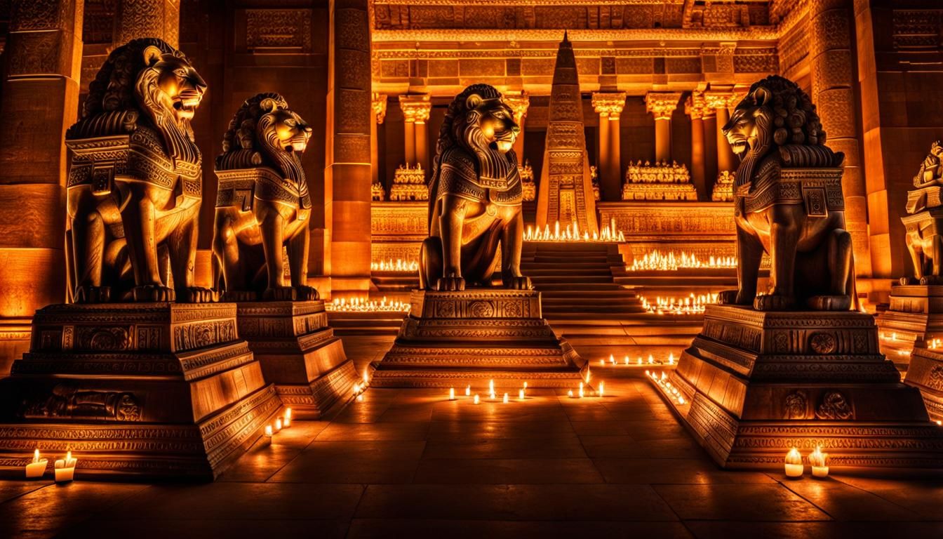 Glowing Pyramid Interior with Temple Statues in HDR