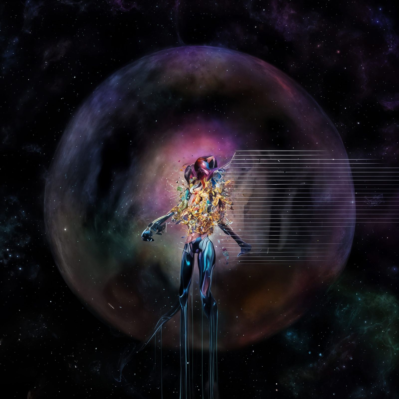 silhouetted against the gaseous remains of a star - and the large mass of high energy radiation bearing star stuff comin...