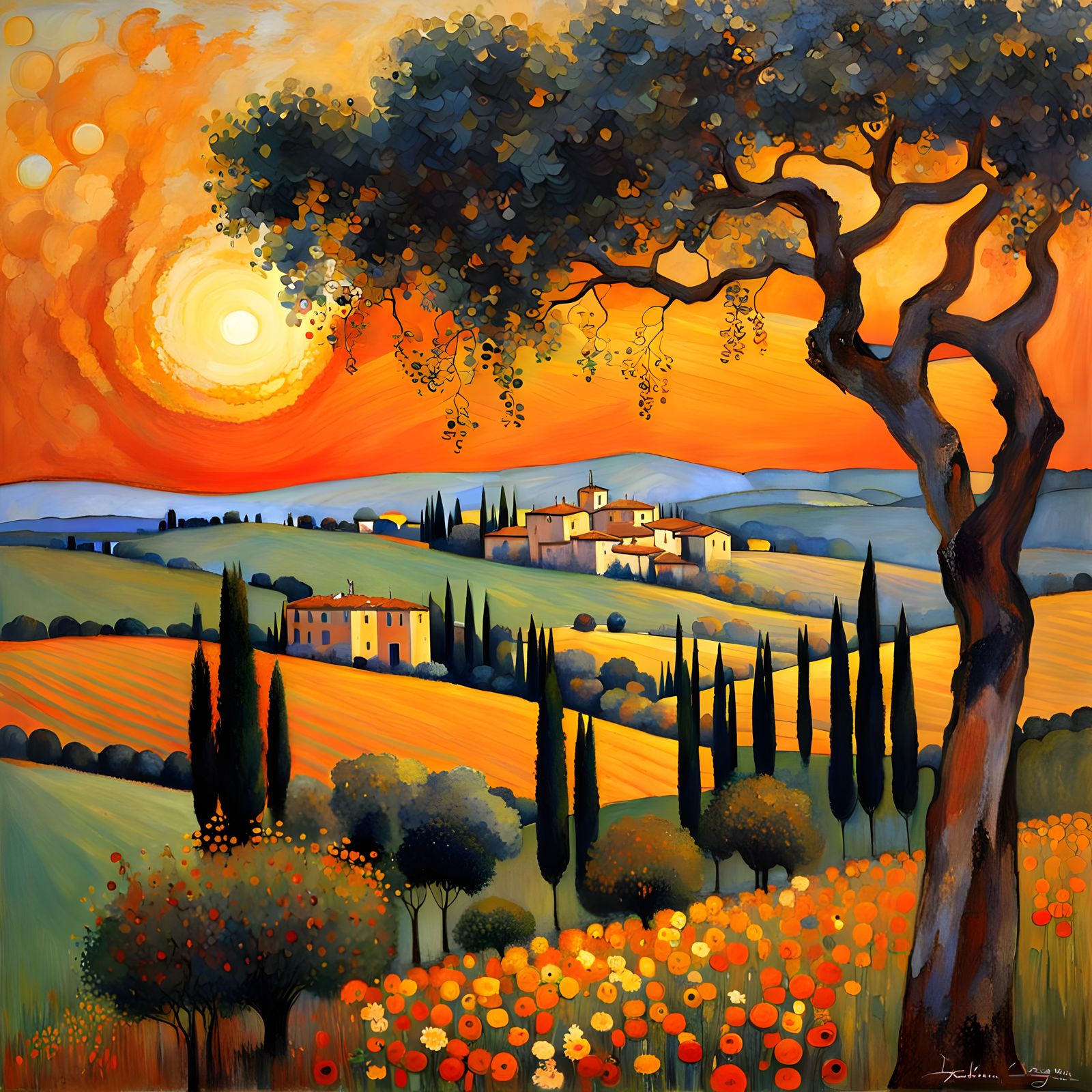 Tuscany Sunset Landscape in Impressionist Style