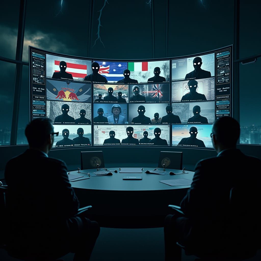 Cyberpunk War Room with 32 Nations in Live Video Call