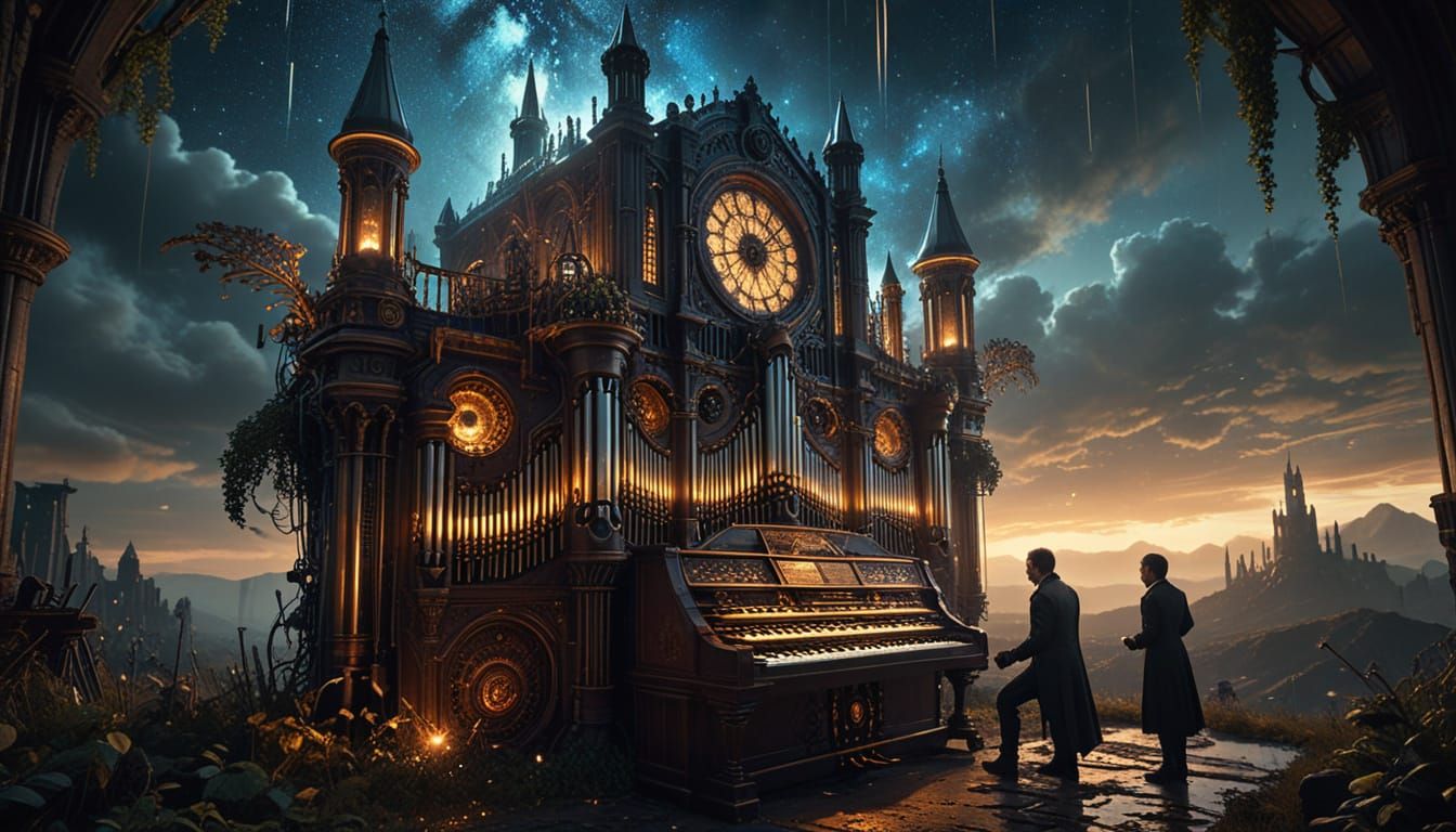 Gothic Steampunk Ruin Illuminated by Milky Way and Biolumine...