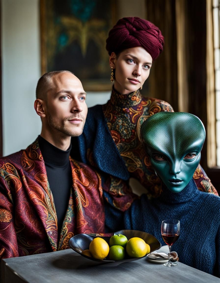 Surreal Restaurant Scene with Exotic Aliens, Professional Ph...