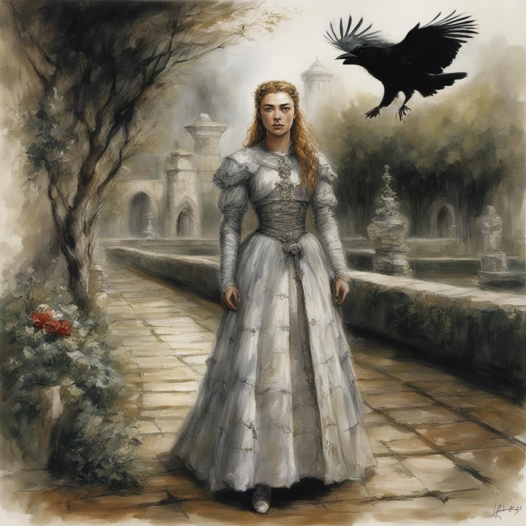 Princess Finds Injured Crow: Oil Painting