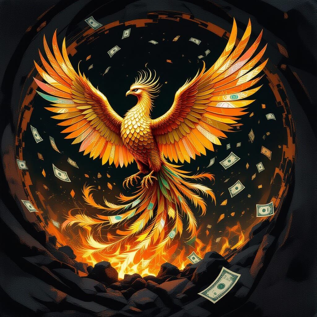 Phoenix of Gold Coins Rises from Ashes in Baroque Style