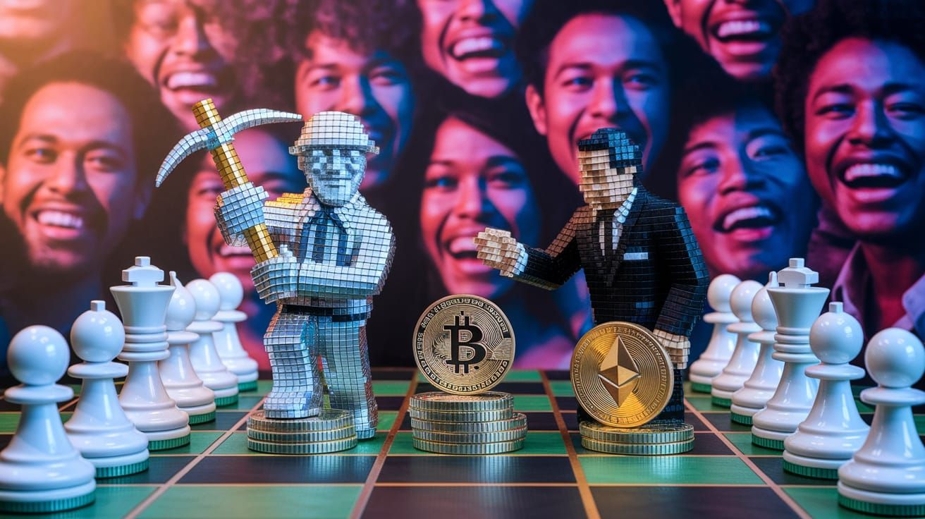 Bitcoin and Ethereum Figures on Chessboard: Miner vs. Banker...
