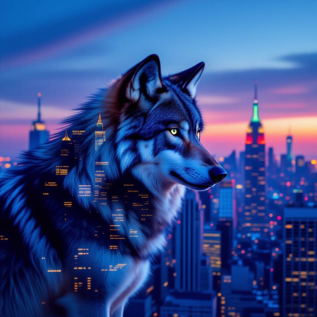 Lone Wolf Merged With Twilight Cityscape in Double Exposure
