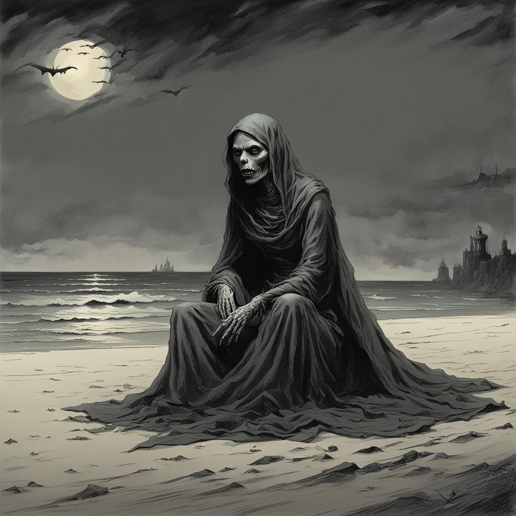 Frightening Ghoul on a Beach in Horror Style