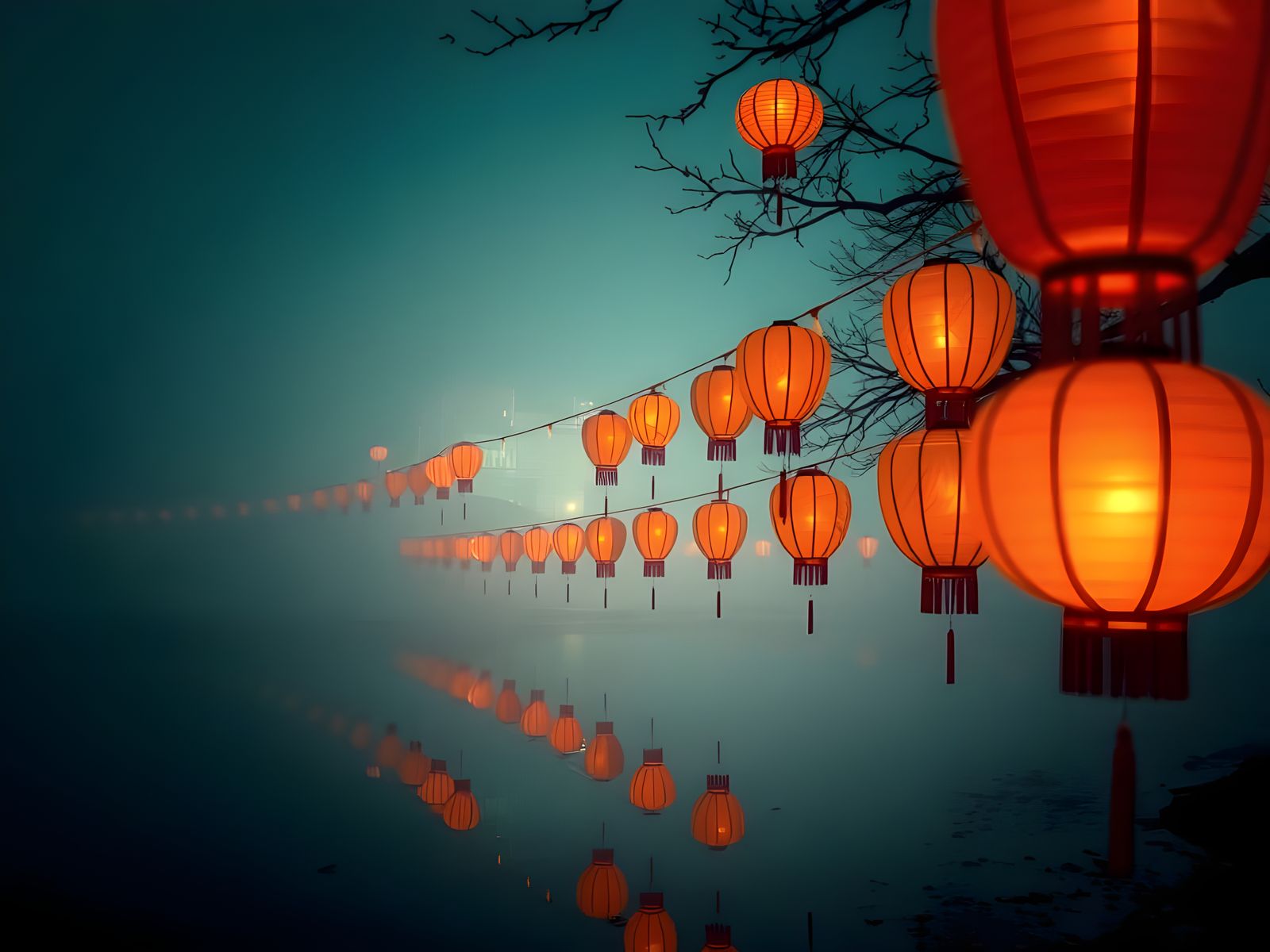 Teal and Orange Lanterns Floating on Foggy River