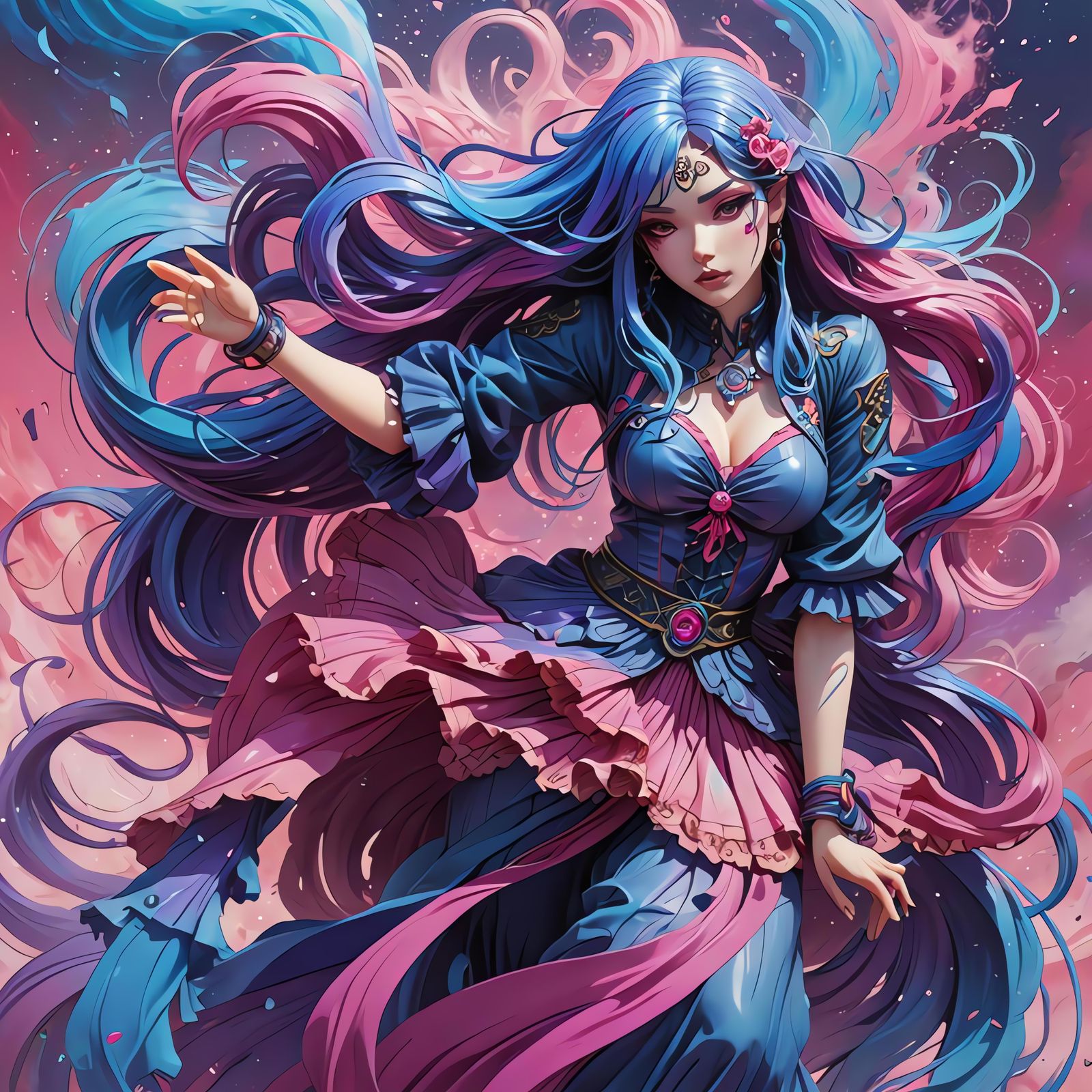Anime 3D style mid shot. A beautiful female figure stands in a dynamic pose, her long, wavy blue hair with purple and pi...