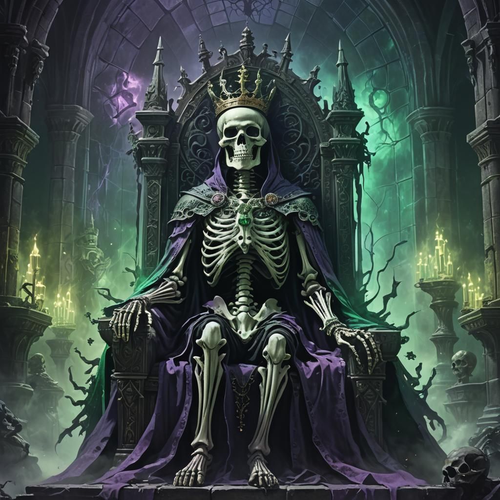 Regal Skeleton King on Throne in Eerie Castle