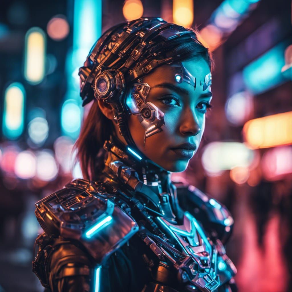 Cyborg Girl with Face Armor in Neon City