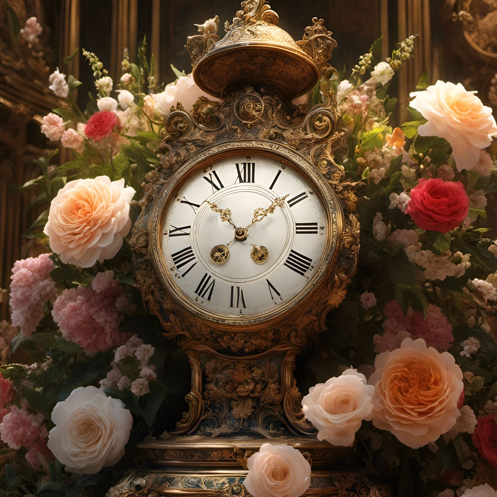 Floral Clock in Rococo Style, Hyperdetailed 8K