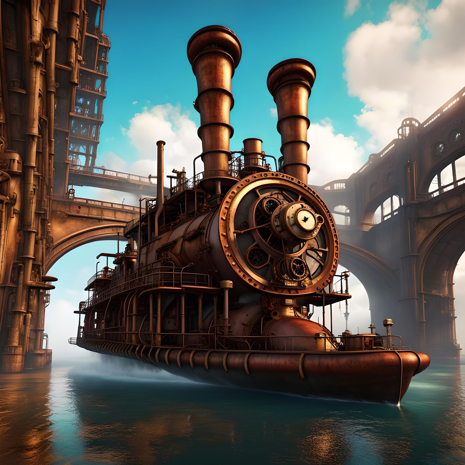 Steampunk Flying Tugboat Soaring Through Rusty Archways