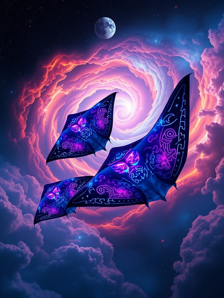 Cosmic Manta Rays in Neon-Lit Space