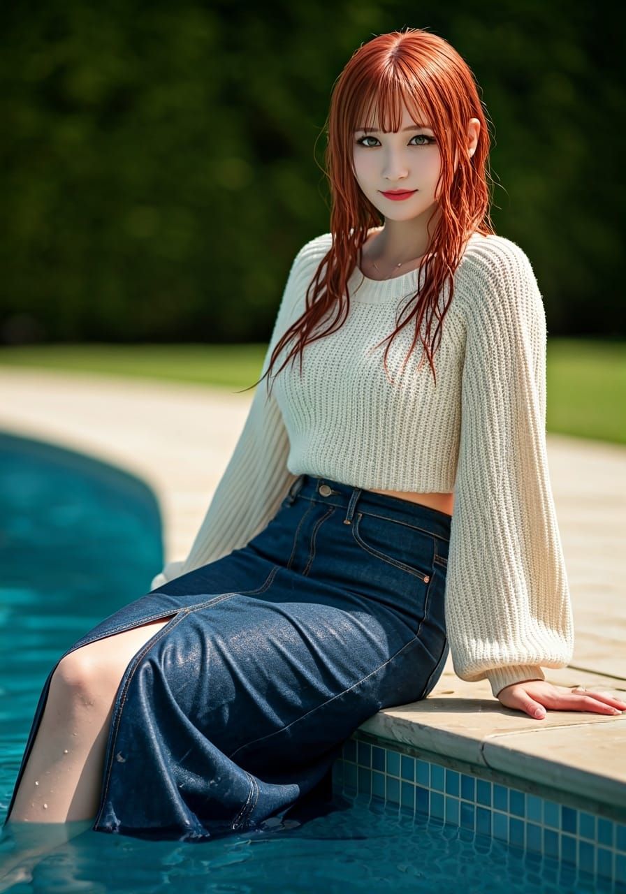 Petite Woman with Red Hair in K-Pop Outfit
