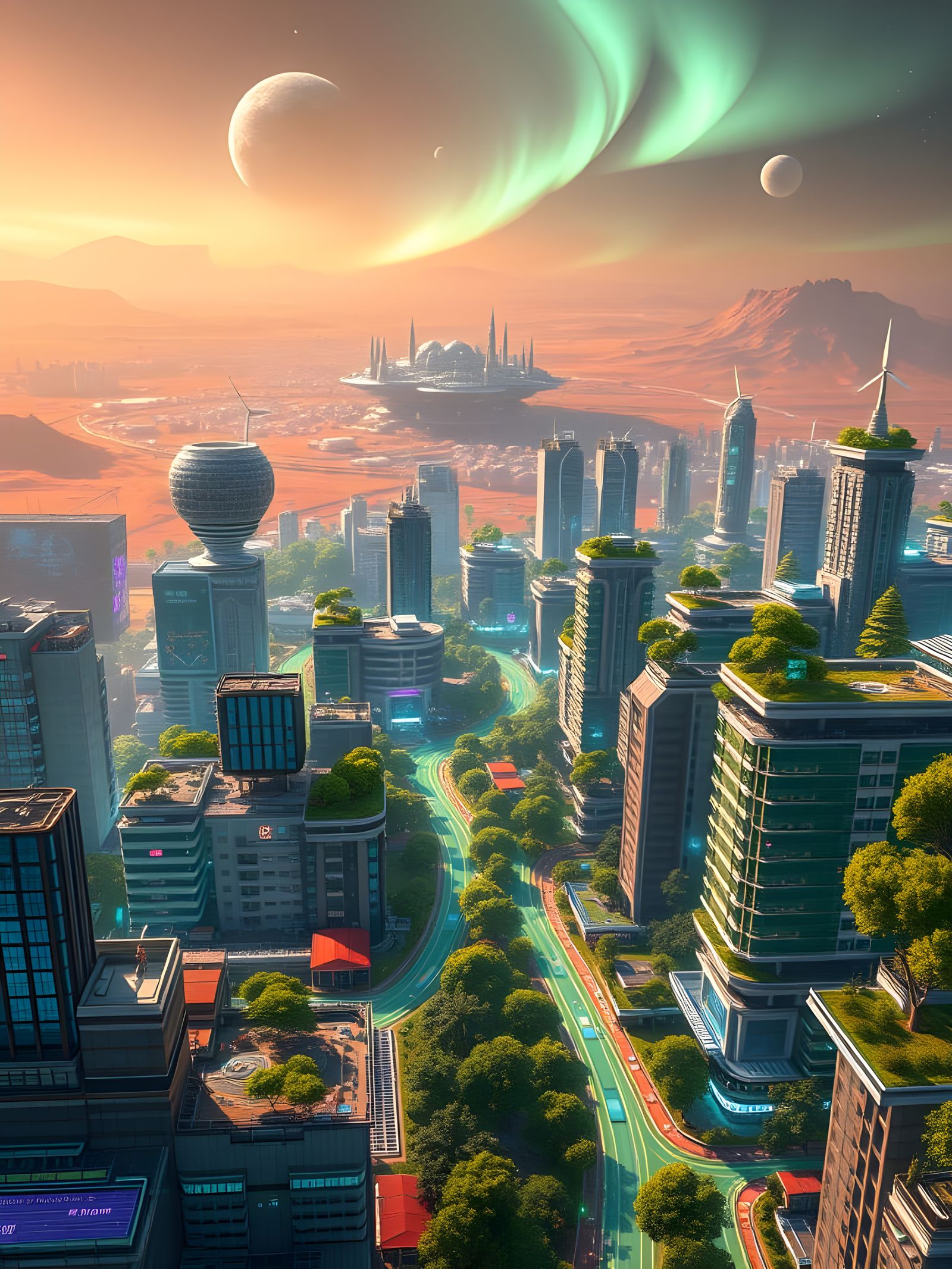 Majestic Solarpunk Martian Metropolis at Night