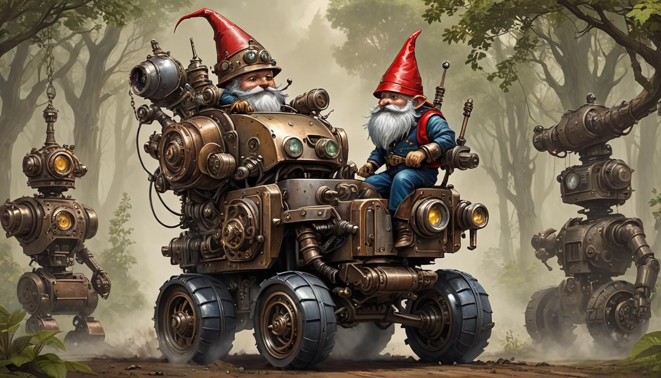 Gnome Drives Steampunk Robot Mechanoid