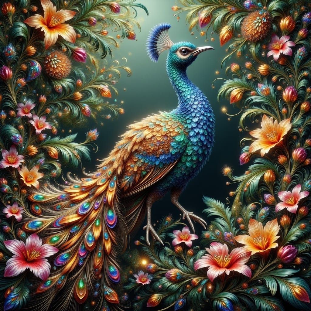 Iridescent Peacock in Victorian Botanical Style