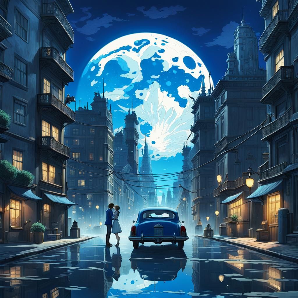 Romantic City Kiss in Studio Ghibli Style