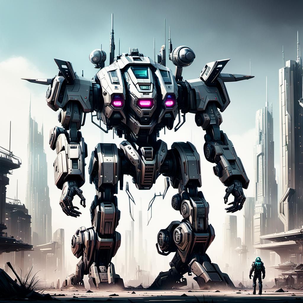 Futuristic Mech in Deserted Cityscape