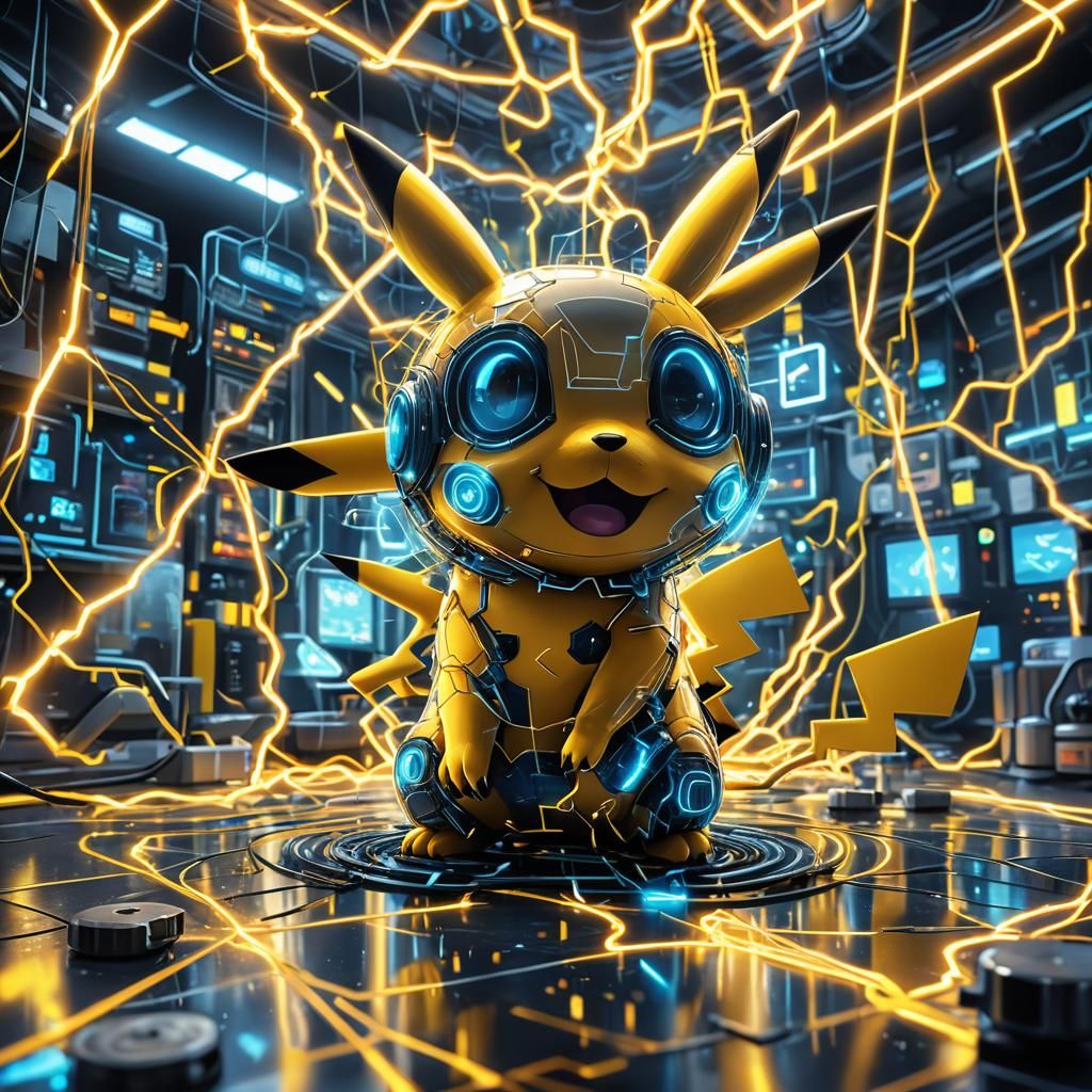 Pikachu Generates Electricity in Neon Laboratory: Pixar Styl...