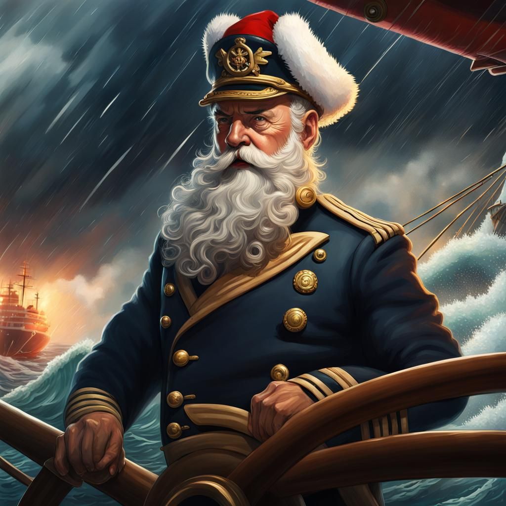 Naval Admiral Santa at Ship's Helm: Hyperrealistic Art