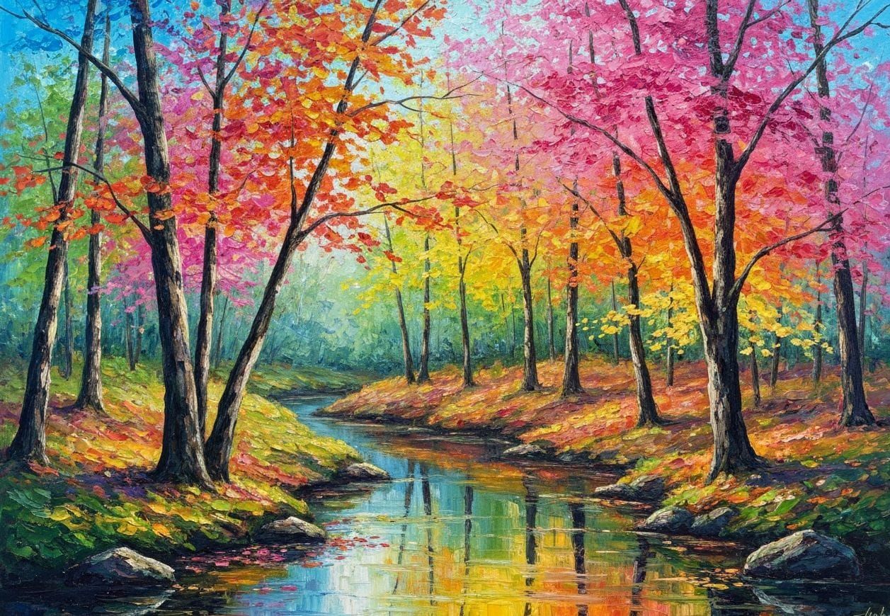 Vibrant Impressionist Forest Stream Painting