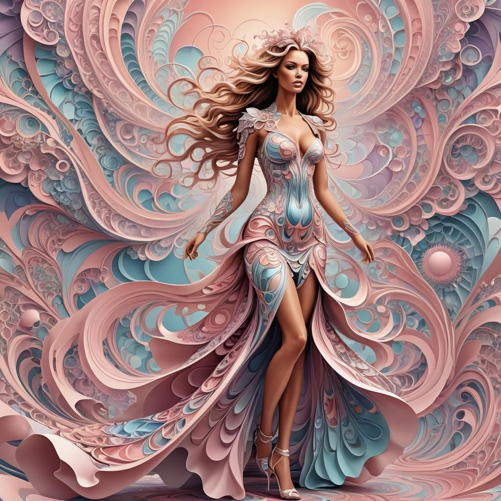 Abstract Fractal Angel on Runway in High Fashion