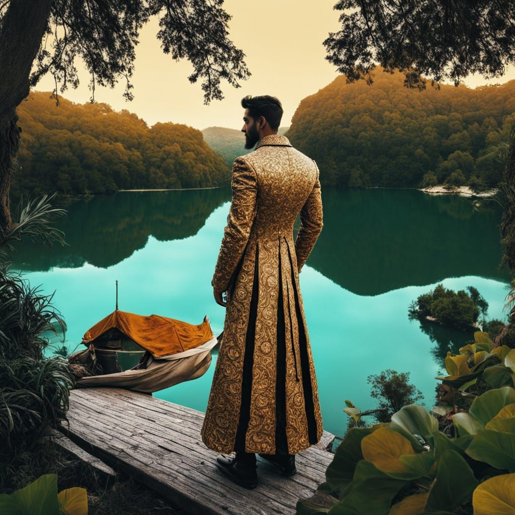 Man in Vintage Clothes by Foggy Lake at Dusk