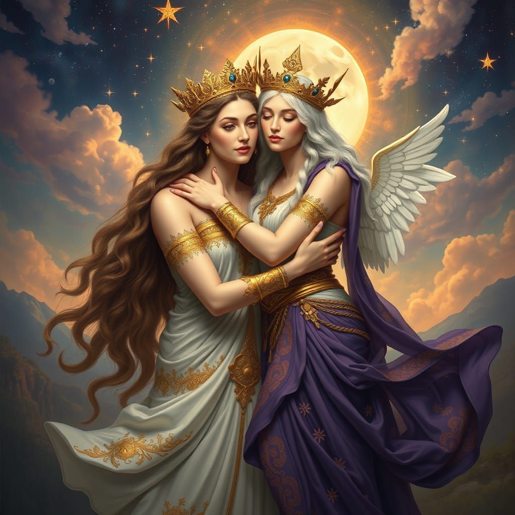 Regal Goddesses in Celestial Embrace